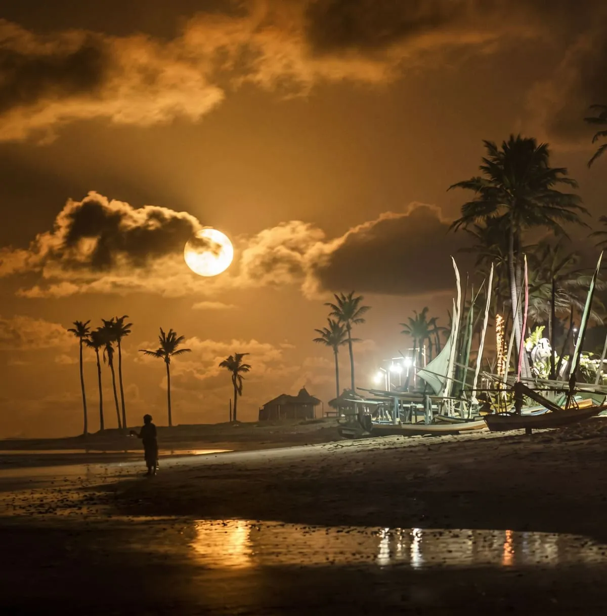 Praia à noite sob a lua cheia, com coqueiros e jangadas na areia